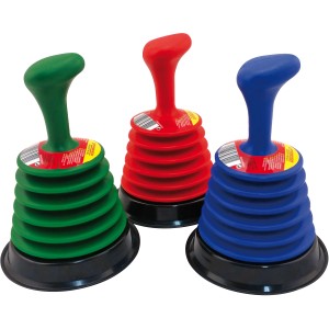 Rothenberger Mini Ventosa Ropü, sturalavandini in verde, rosso e blu con base nera.