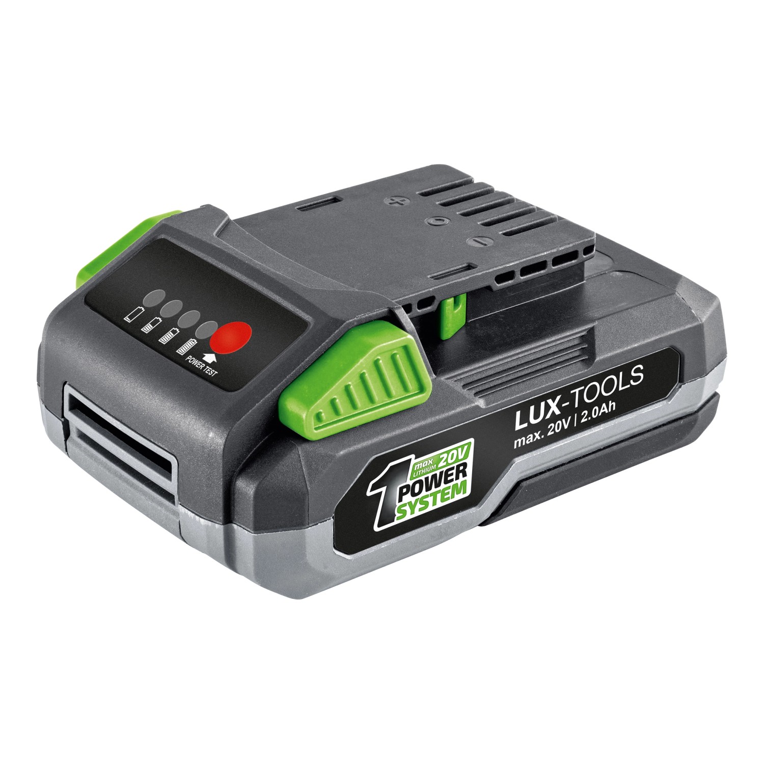 Batteria LUX 20V 1 PowerSystem 2Ah per elettroutensili, con indicatore livello carica.