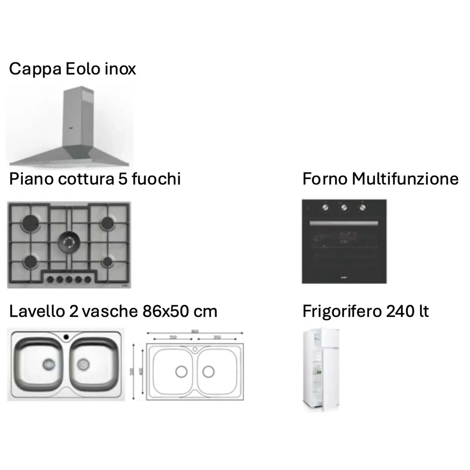 Cucina completa con cappa aspirante, piano cottura, forno, lavello e frigorifero.