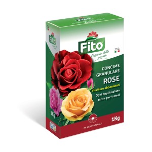 Confezione di concime per rose Fito, 1kg, con immagine di rose rosse, gialle e rosa.