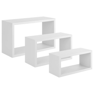 Set di tre mensole a muro bianche e rettangolari (Ripiani in legno) di diverse dimensioni.