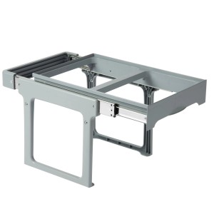 Supporto grigio t.b.t. per bidoni della spazzatura con estraibile per raccoglitori di rifiuti.