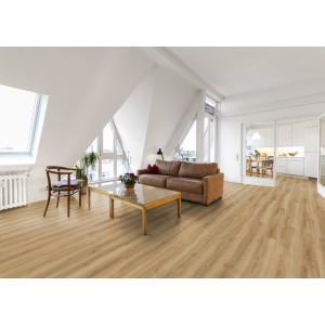 Soggiorno con laminato Kaindl resistente all'acqua, rovere Cordoba elegante, 8,5 mm di spessore.