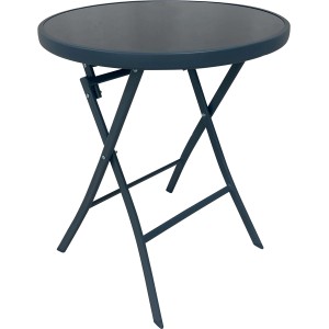 Tavolo da giardino rotondo pieghevole t.b.t. con piano scuro e struttura in metallo.
