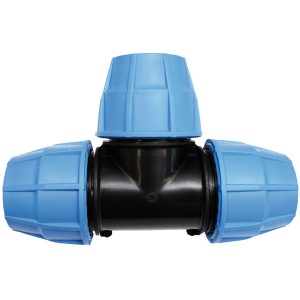 Raccordo a T per irrigazione interrata, blu e nero.