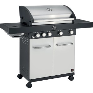 Barbecue a gas t.b.t. con cappa in acciaio inox e mobile base.