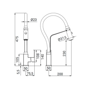 Disegno tecnico: miscelatore monocomando t.b.t. con dimensioni.