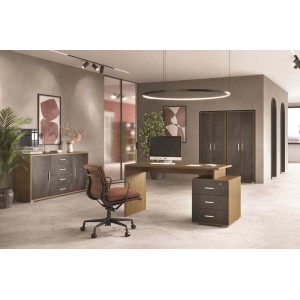 Ufficio moderno con scrivania, armadio e sedia in legno e antracite.