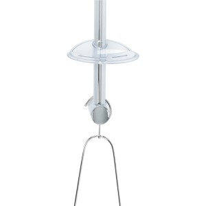 Dettaglio di un accessorio doccia con tubo cromato e paraspruzzi trasparente.