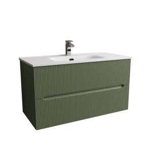 Mobile bagno verde con lavabo e rubinetto per arredo bagno.