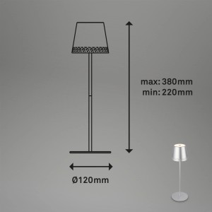 Schema delle dimensioni della lampada da tavolo a LED t.b.t.: altezza 220-380mm, diametro base 120mm.