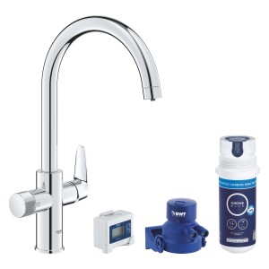 Set miscelatore cucina Grohe Blue Pure Start Curve con filtro a carbone attivo argento.