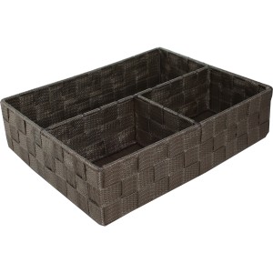 Inserto per mobile bagno intrecciato marrone con quattro scomparti per riporre.