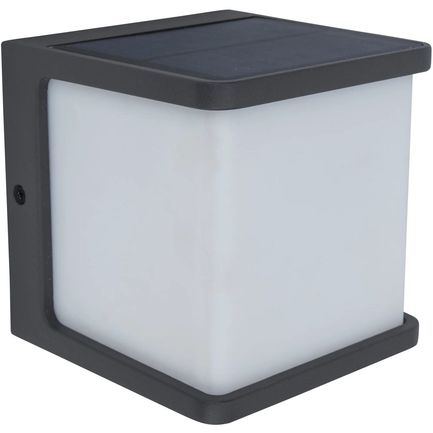 Applique solare a LED Lutec Doblo color antracite, forma cubica, con pannello solare integrato.