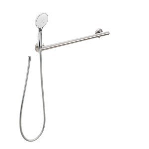 Barra doccia cromata con doccetta per maggiore sicurezza in bagno.