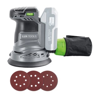Levigatrice rotorbitale a batteria LUX A-EXS-20/125 con sacchetto raccoglipolvere e dischi abrasivi.