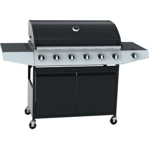 Barbecue a gas nero t.b.t. con sei bruciatori e mobiletto.