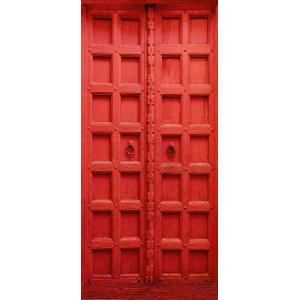 Fotomurali: Porta in legno rossa con motivi quadrati e maniglie in metallo.