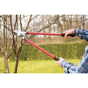 Cesoia a battente LUX in uso: una mano taglia un ramo. Cesoie da giardino con manici rossi.