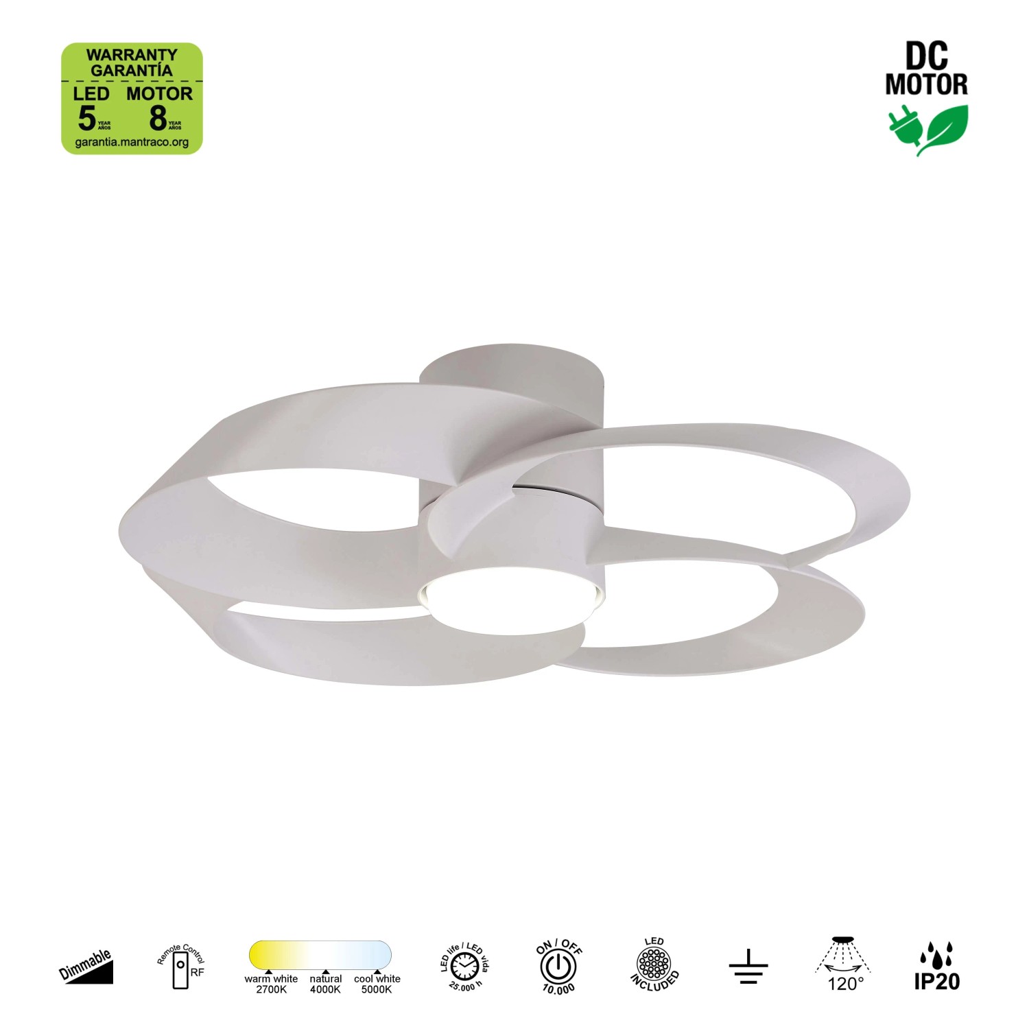 Ventilatore da soffitto bianco con illuminazione LED. Ventilatore moderno per spazi abitativi.