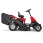 Tosaerba rider Troy-Bilt Mini-Rider 60T-R rosso con scarico posteriore e cesto di raccolta.