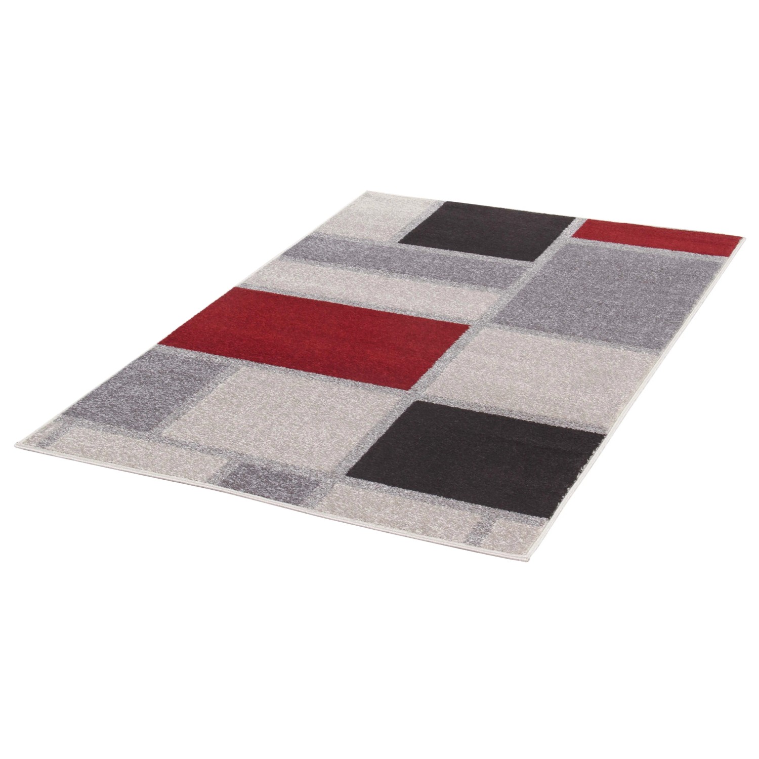 Tappeto moderno con motivo geometrico in rosso, grigio e nero.