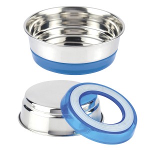 Ciotola per gatti in acciaio inox con anello antiscivolo blu.