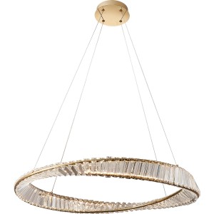 Moderna lampada a sospensione t.b.t. (Sospensioni) con anello di cristallo e sospensione color oro.