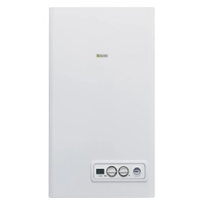 Caldaia bianca t.b.t. per interni. Design compatto con elementi di controllo.