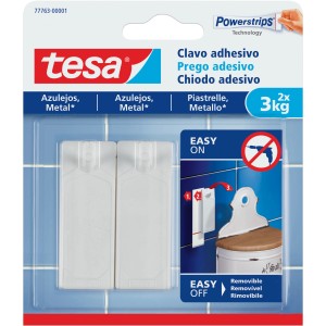 Tesa chiodo adesivo per piastrelle/metallo (fino a 3kg), confezione da 2. Soluzione adesiva riutilizzabile e senza tracce.