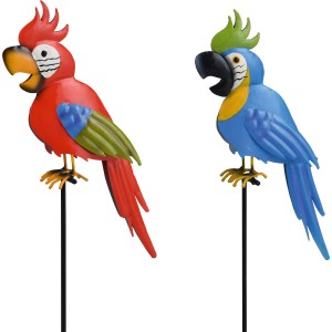 Paletto da giardino pappagallo, rosso e blu, 70 cm, assortito, decorazione da giardino in metallo.