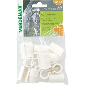 Confezione di clip bianche (15 mm) per fissare teli e reti in giardino.