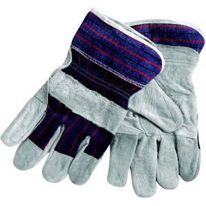 Guanti da lavoro in pelle con strisce blu e rosse sul polso e sulle dita.