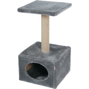 Tiragraffi grigio con piattaforma, palo e cuccia per gatti.
