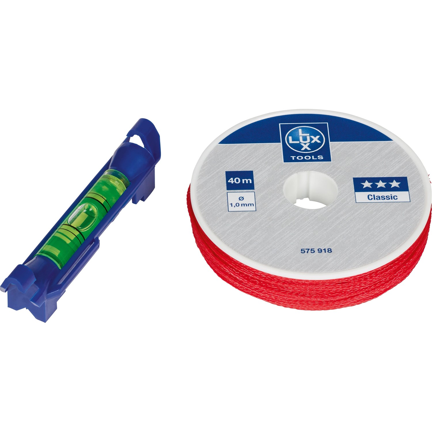 Livella a bolla LUX con corda da muratore Classic (40 m) e supporto in plastica blu.