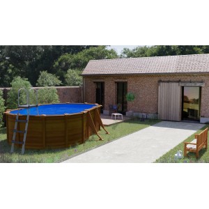 Piscina ovale Gre Pool Sicilia effetto legno, 500x300x120 cm, con scaletta in giardino.