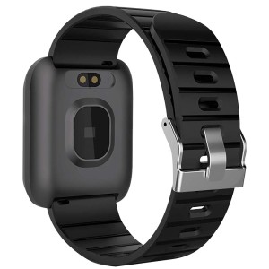 Smartwatch nera con cinturino testurizzato e fibbia argentata.