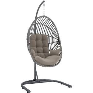 Sedia sospesa Leyburn in polyrattan grigio-tortora con telaio in acciaio e cuscino.