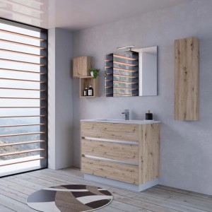 Set di mobili da bagno moderni con mobile lavabo, specchiera e pensile effetto legno.