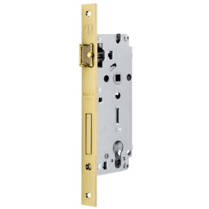 Serratura da infilare t.b.t. per porte interne, placca frontale color oro.