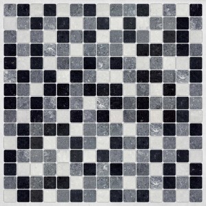 Piastrelle a mosaico quadrate in nero, grigio e bianco per decorazione murale.