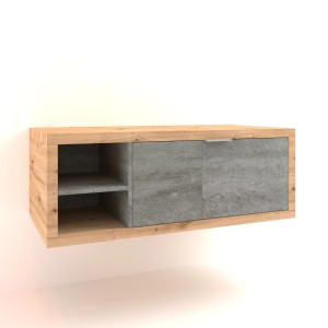 Mobile bagno sospeso effetto legno con anta grigia e vano a giorno.