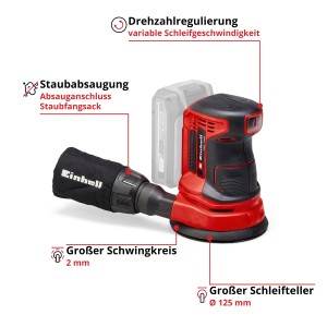 Levigatrice eccentrica a batteria Einhell TE-RS 18 Li Solo (senza batteria). Levigatrice compatta rosso/nera con aspirazione polvere.