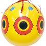 Palla dissuasore per uccelli gialla con motivo a occhi e nastri rossi.