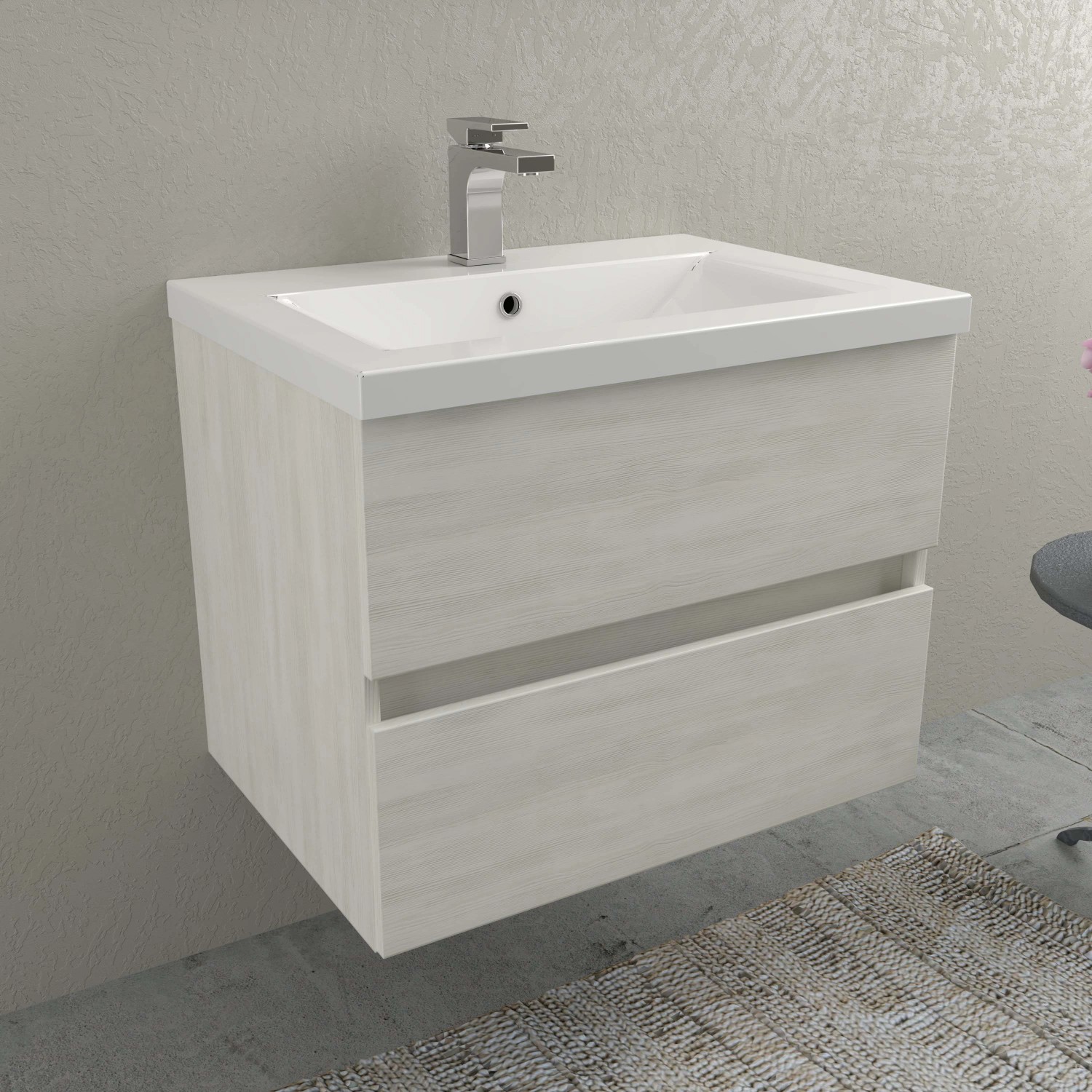 Mobile bagno chiaro con lavabo e due cassetti. Design moderno per il tuo bagno.