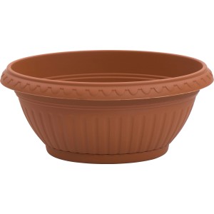 Vaso da fiori in terracotta marrone con superficie a coste.