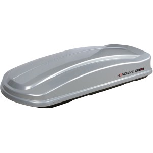 Box da tetto Nordrive argento per trasporto auto, vista laterale.