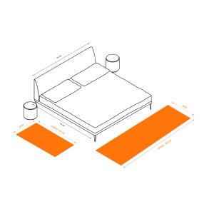 Schizzo: Camera da letto con letto e due tappeti moderni arancioni.