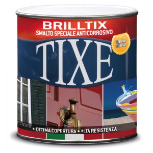 Barattolo di smalto antiruggine t.b.t. di Brilltix, pronto all'uso.