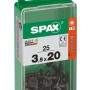 Viti universali Spax, zincate, 3,5x20 mm, nere, 25 pezzi in contenitore di plastica verde.